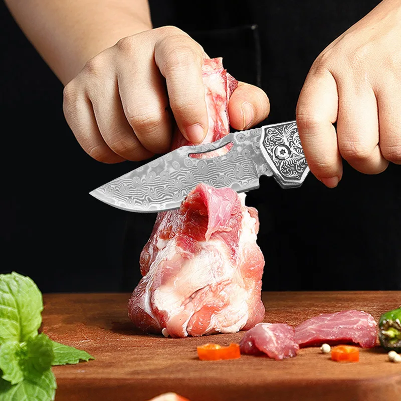 WXCOO Folding Knife Damascus Pattern Durable Pocket Knife Kitchen Accessories Fruit Vegetable Kitchen Meat Cleaver Fruit Knife