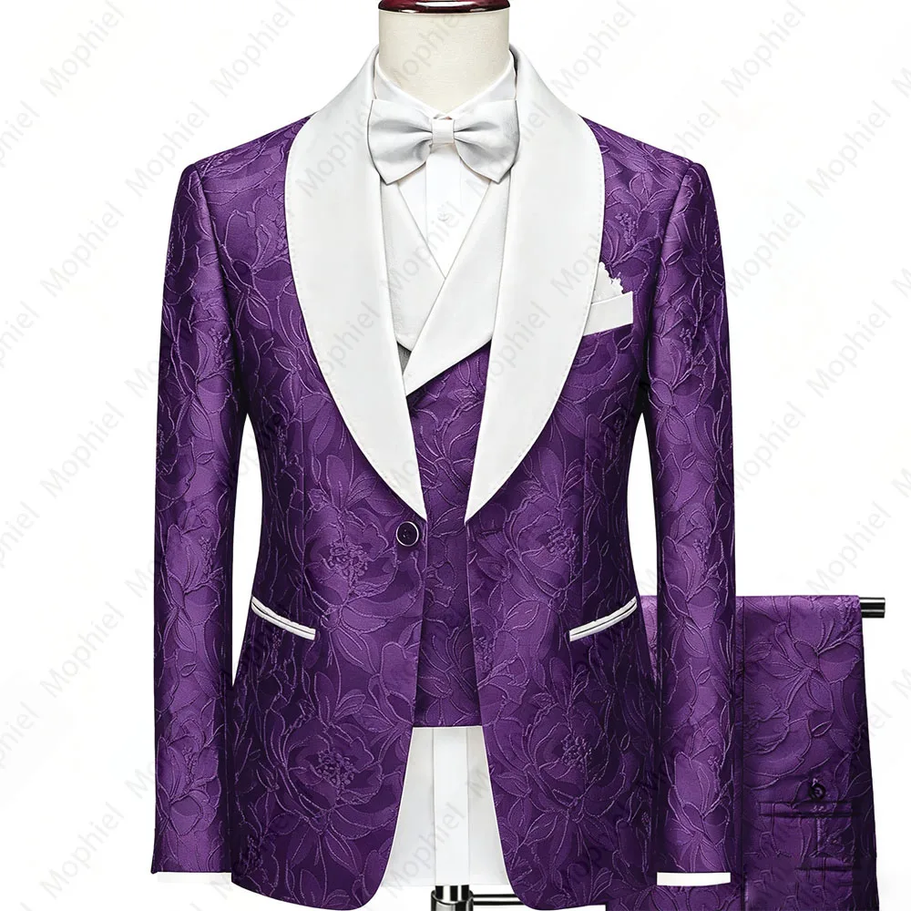 Mophiel Brown and Gold Men's Suits Peony Jacquard Suit 3-Piece Set Featuring Party Tuxedos Slim Wedding Groom Blazer Customized