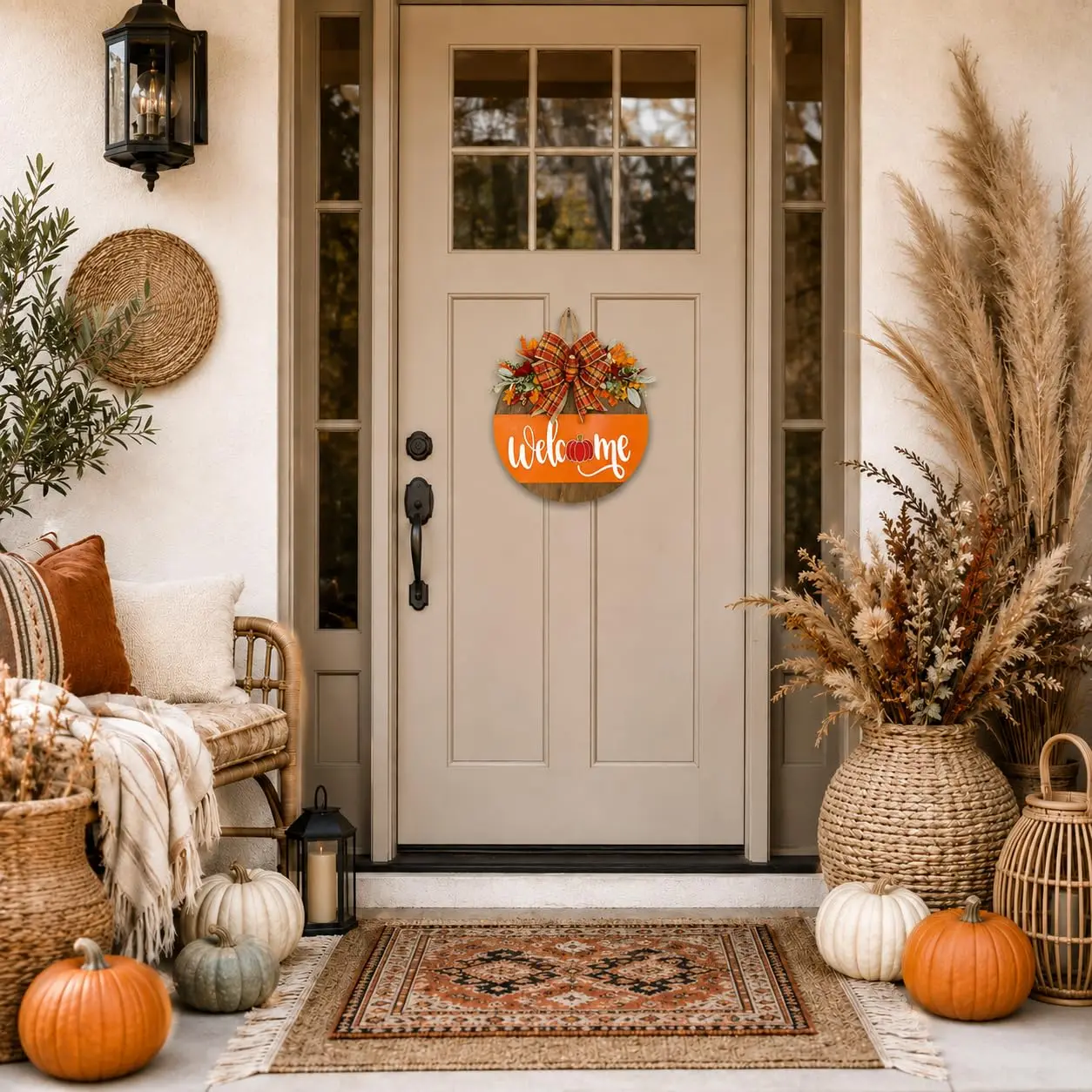 Fall Door Sign for Front Door, Wooden Welcome Hanger with Pumpkin Design, Plaid Bow and Autumn Leaves, Porch Entry Decor, Harvest Wreath Accent, Thanksgiving Decorations for Home and Covered Porch