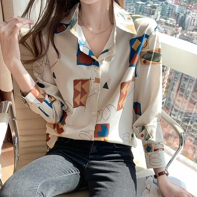 Vintage Elegant Chic Print Commute Ladies Tops Blouses Spring Autumn Fashion Casual Loose Long Sleeve Button Up Shirts for Women