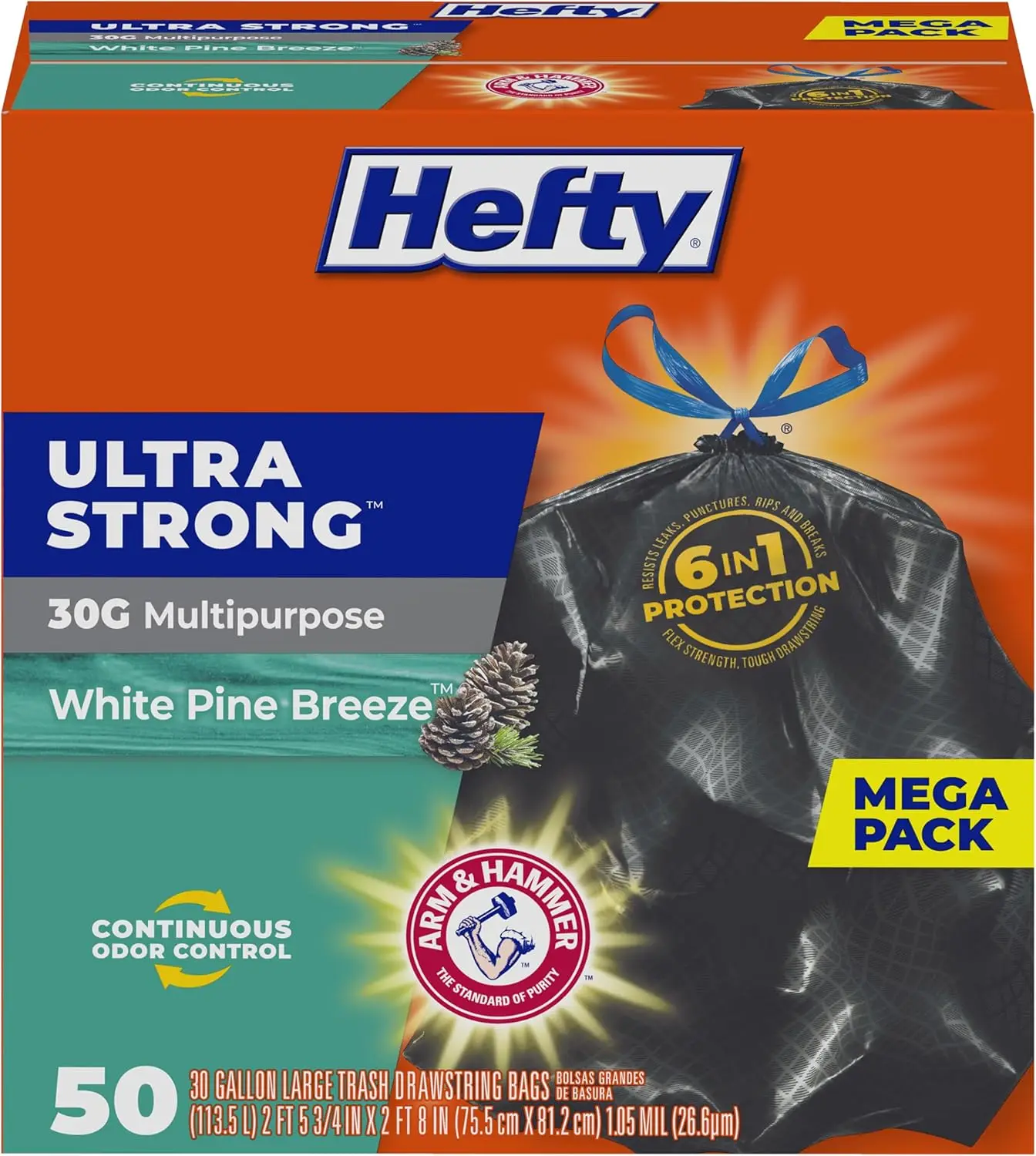 

30 Gallon Ultra Strong Trash Bags, Drawstring Closure, Resists Leaks and Tears, White Pine Scent, 50 Count