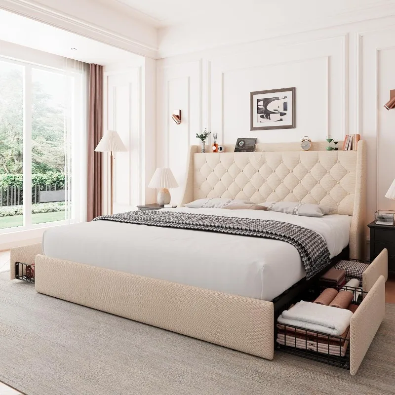 Upholstered Bed Frame with 4 Storage Drawers,Charging Station Tufted Wingback Storage Headboard,No Box Spring Needed,