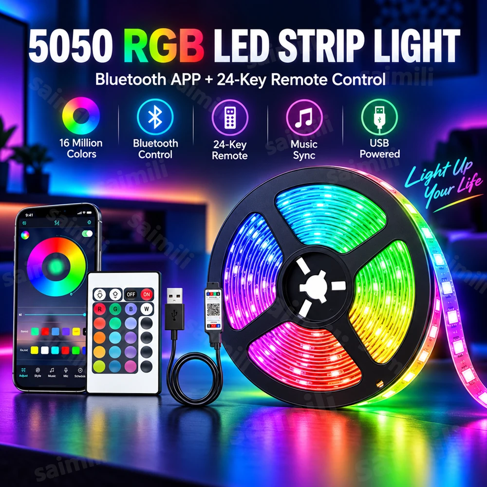 USB 5050 RGB LED 스트립, 블루투스 앱으로 제어 가능, 16M 길이, 색상 변경 및 음악 싱크 기능, TV 백라이트, 게임룸, 홈 파티 장식용