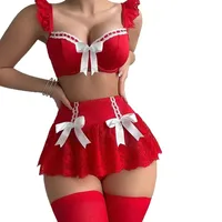 Plus Size Red Bow Maid Lingerie 3 Piece Set Underwire Bra High Waist Lace Skirt Thong Women Sexy Intimate Costume - Image 5