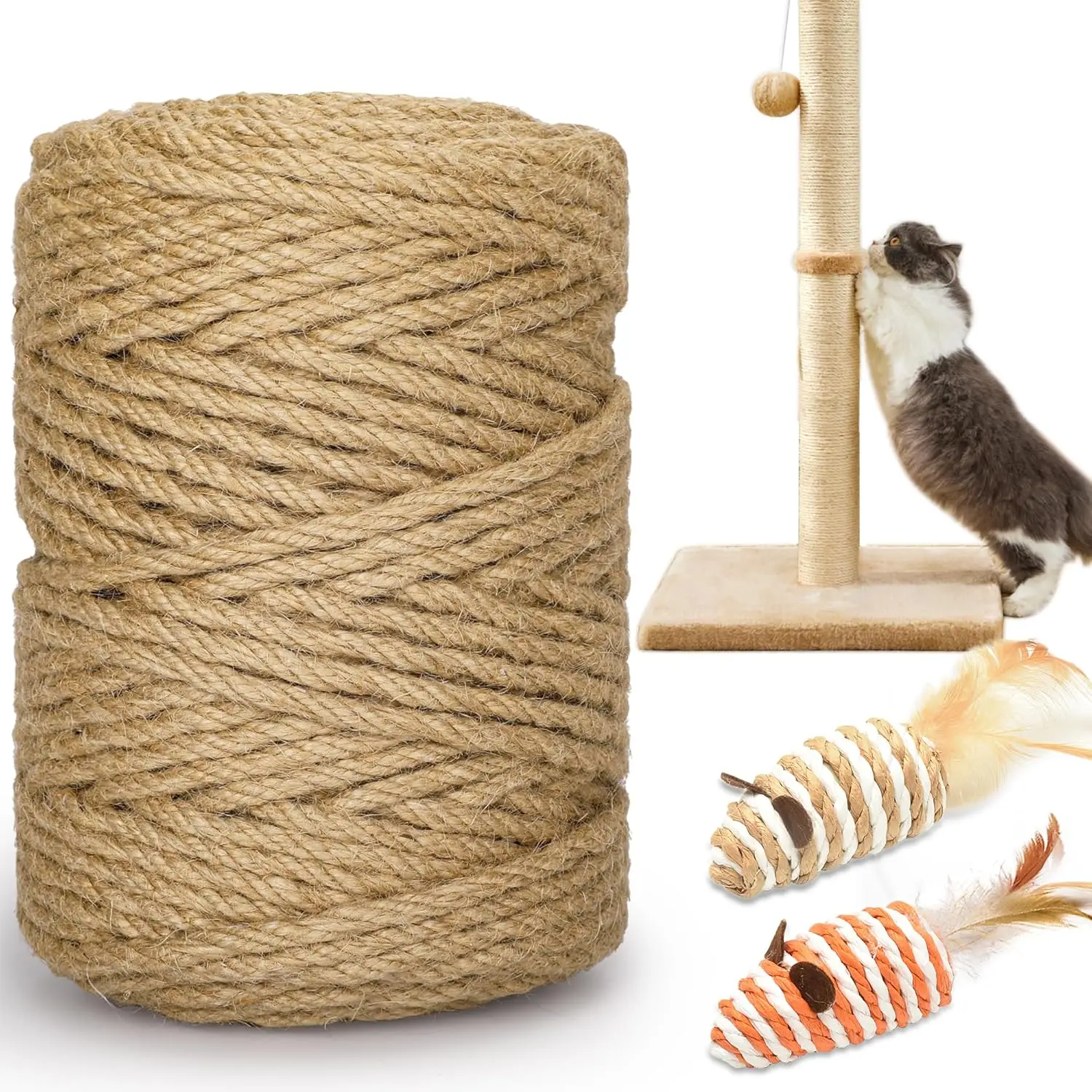 Cuerda de sisal natural DIY de 4mm/6mm/8mm y 20/50M para rascador de gatos, juguete, protector de muebles para garras de gatos y cuerda de escalada para árboles rascadores