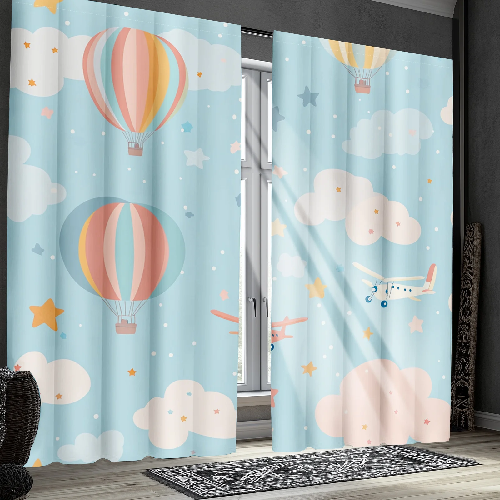 Cute Pastel Hot Air Balloon Cloud Print Curtain Pair for Nursery Kids Room Window Decoration Whimsical Children's Sky Theme Curt