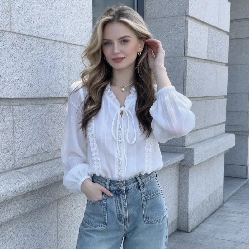 Korean Version Elegant Lace Up Sweet Lace Women's Blouse Spring and Autumn V-neck Mushroom Edge Casual Long Sleeved Blouse
