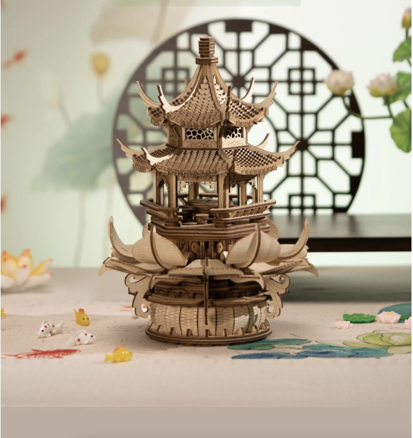 

Tenon wooden building blocks music box ancient architecture music box smart lotus pavilion gift three-dimensional assembly model