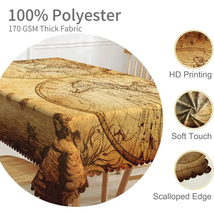 Old World Map Tablecloth Vintage World Map Earth Global Geography Rectangular Table Cloth Washable Wrinkle Resistant Table Cover