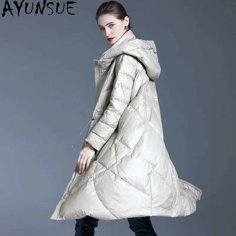 AYUNSUE White Duck Down Puffer Jacket Women High Quality Long Down Coats with Hood 2024 Winter Luxury Clothes Loose Fit Пуховики