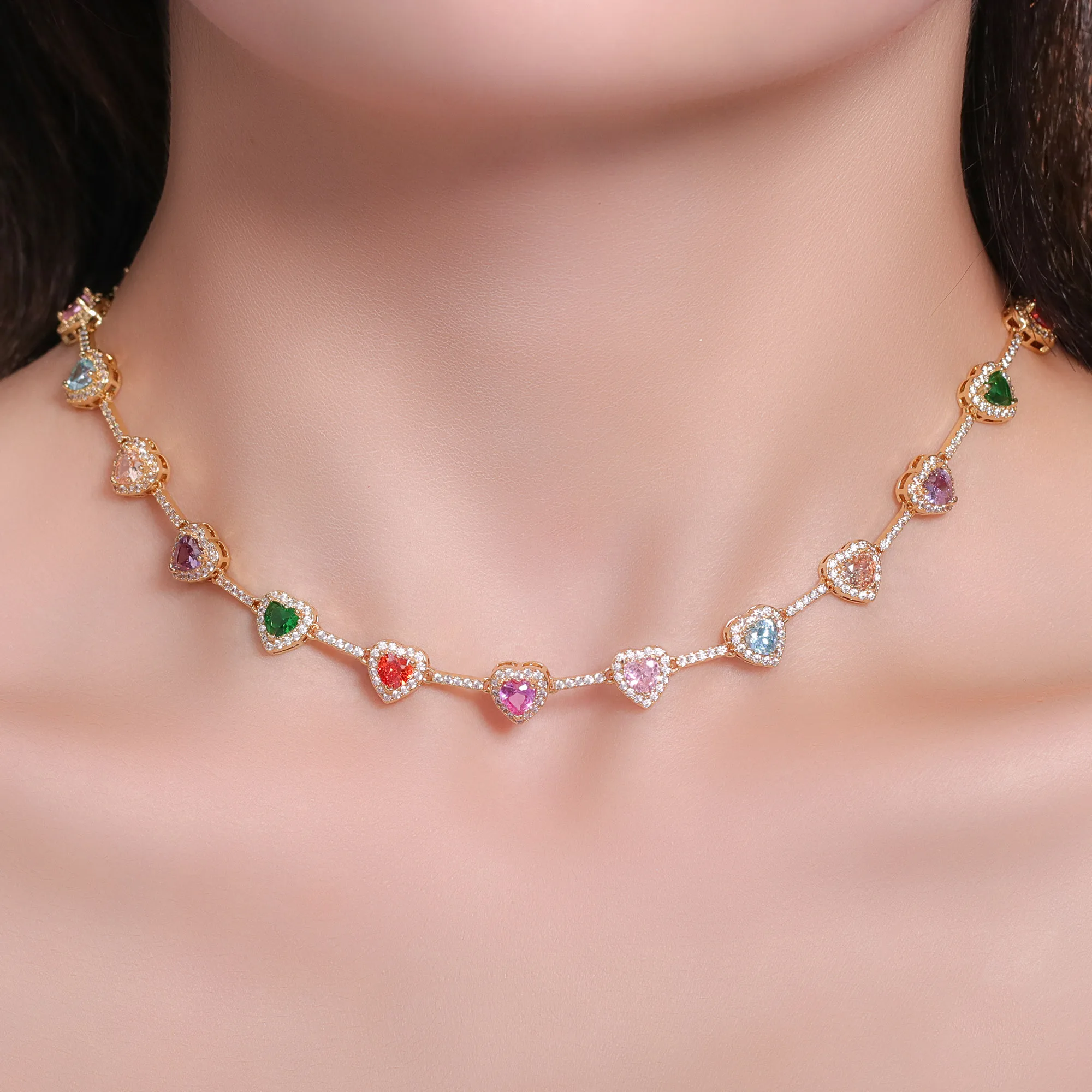 

Smart Fashion Candy Color Heart 5 Heart Color Zircon Necklace Fashion Hundred Plated 18k Gold Plated Gemstones for you