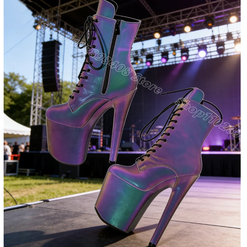 Purple Stiletto Lace up Short Boots Platform Performance Patent Leather New Women Party Dancing Sexy Sandals Zapatos Para Mujere