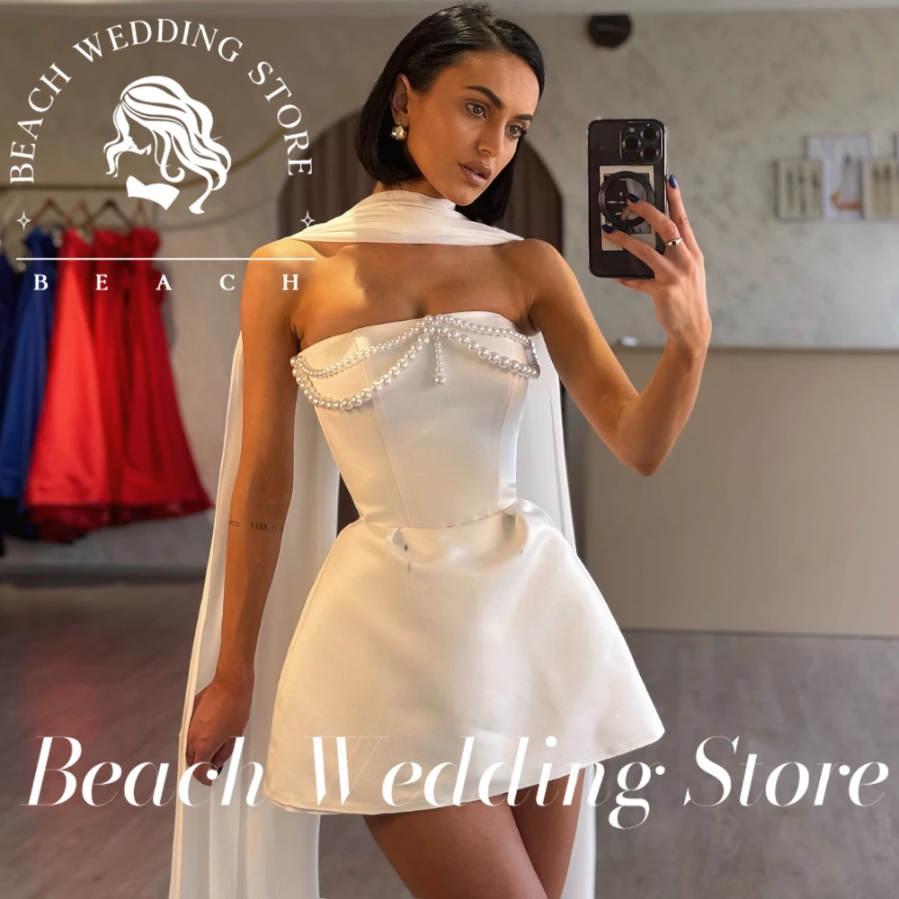 

Beach Wedding Store Customized Off - Shoulder Mini Dress with Puffy Long Sleeves, Pearl - Embellished Bodice and Detachable Cape