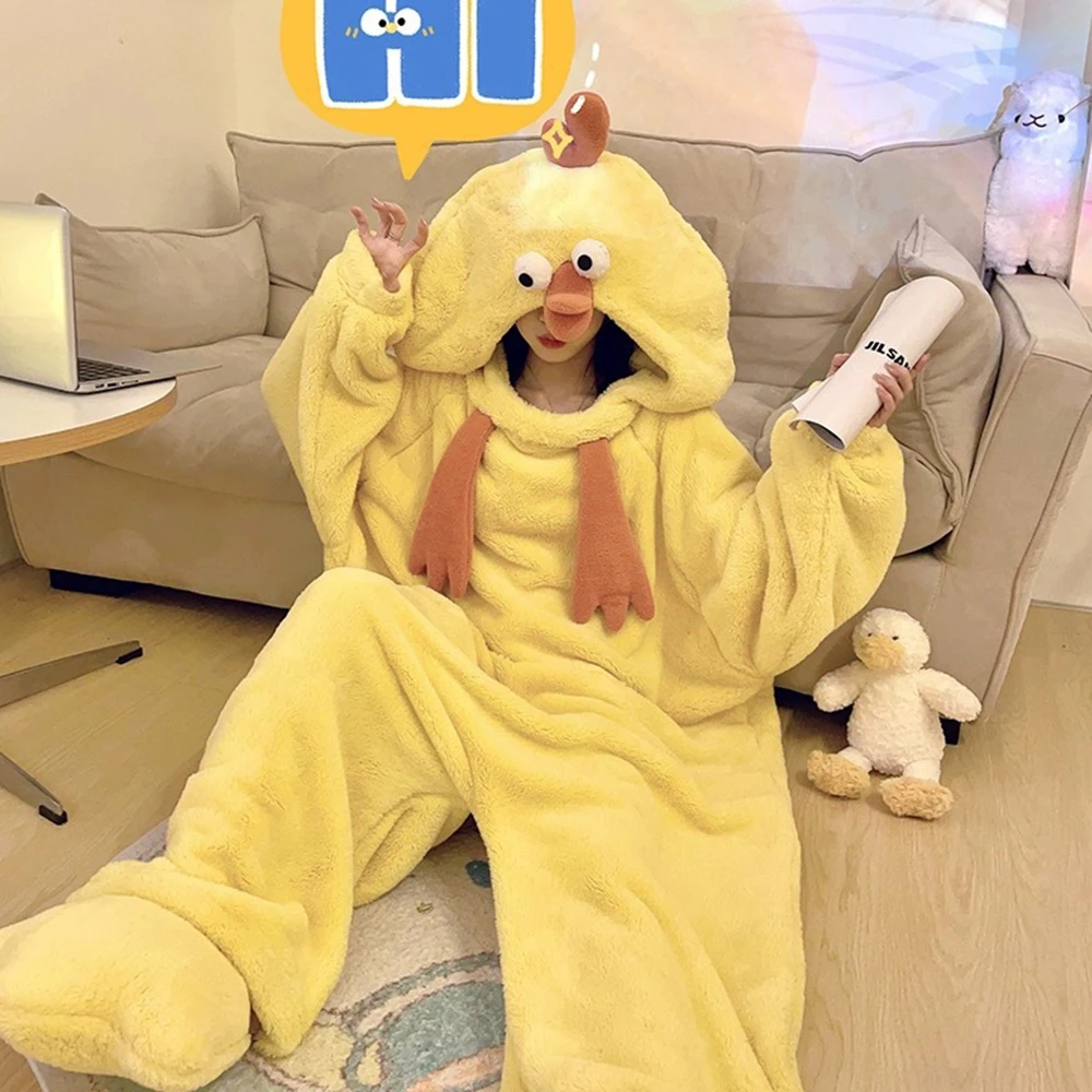 Adult Onesie Pyjama Animal Halloween Yellow Chicken Costume Unisex Onesies Plush Cosplay Pajamas Set One-Piece Sleepwear Blanket