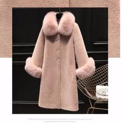 Autumn Luxury fake Fox Fur Collar Women Jacket Real Wool Fur Coats Long Warm Sheep Shearling Winter Coat Jacket