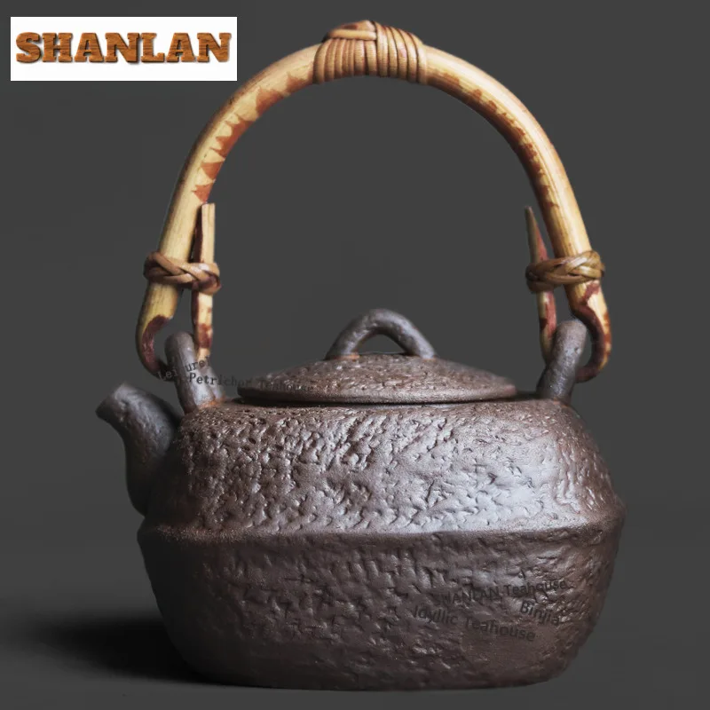 460ml Coarse Pottery Old Rock Clay Square Boiling Water Kettle Large Capacity Tea Maker Pot Fruit Juice Milk Kettle Drinkware