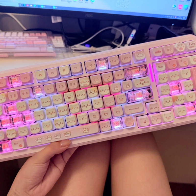 Cute Pixel Cat MAO Profile Keycaps Set PBT+PC Transparent Pink Keycaps for Mechanical Keyboard Magnetic Axis Compatible Gift