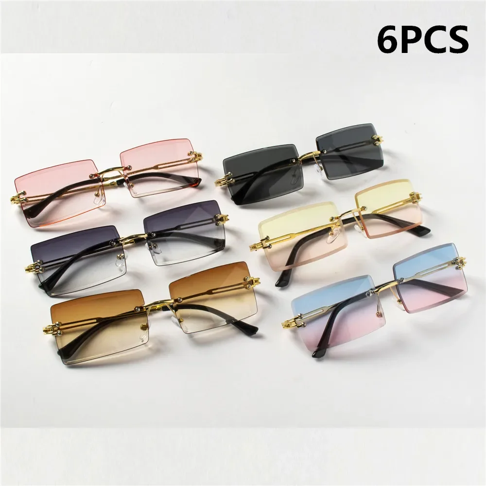 

6PCS Fashion Rimless Sunglasses Women Trendy Small Rectangle Sun Glasses Summer Traveling Style Brown Shades for men