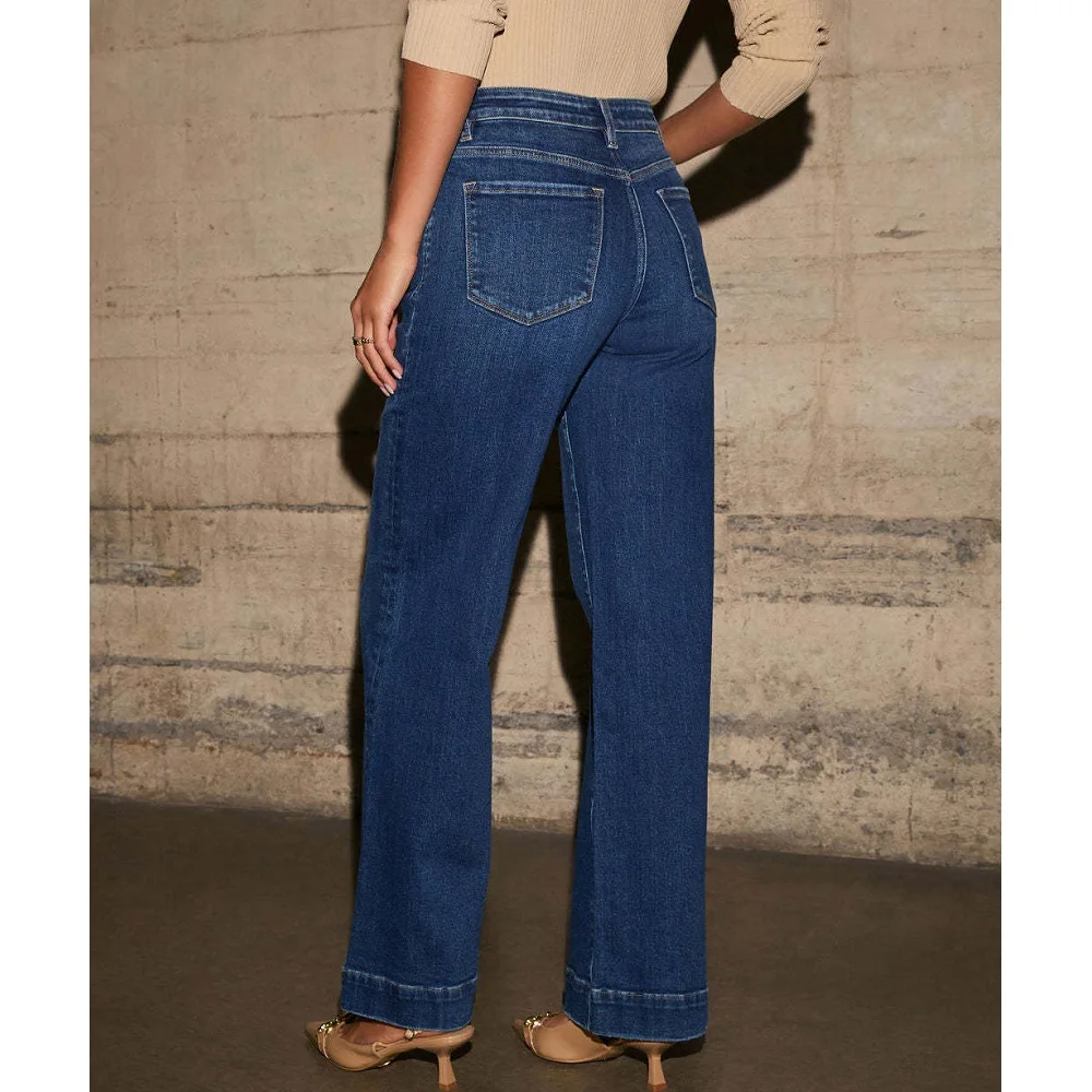 ﻿ ﻿   Jeans Denim Pinggang Tinggi untuk Wanita Celana Lurus Kaki Lebar Vintage Celana Saku Kasual Wanita Pantalon De Mujer