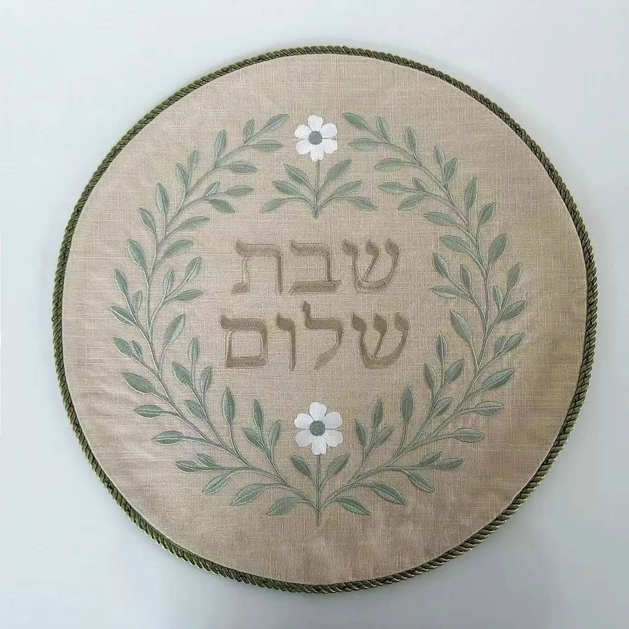 

Round custom embroidered kosher wedding blanket with delicate edging Fine embroidery classic linen
