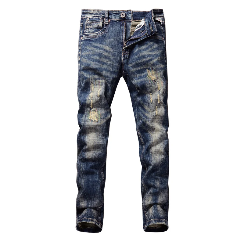 新作デザイナーファッションメンズジーンズレトロブラックブルーストレッチスリムフィットリップドジーンズメンズ刺繍パッチY2Kヴィンテージデニムパンツ