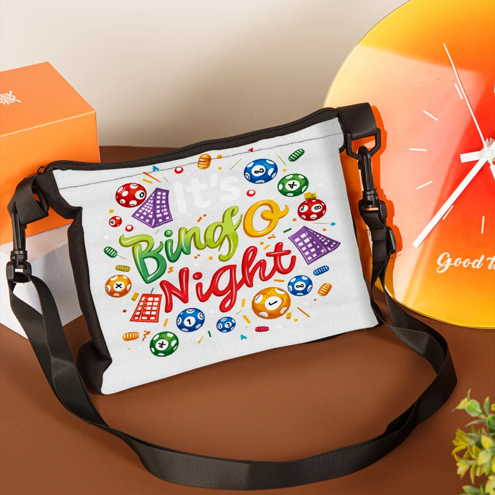 1pc Bingo Night Crossbody Bag White Color With Colorful Bingo Balls And Cards Pattern Shoulder Bags For Party Game Events And Ca