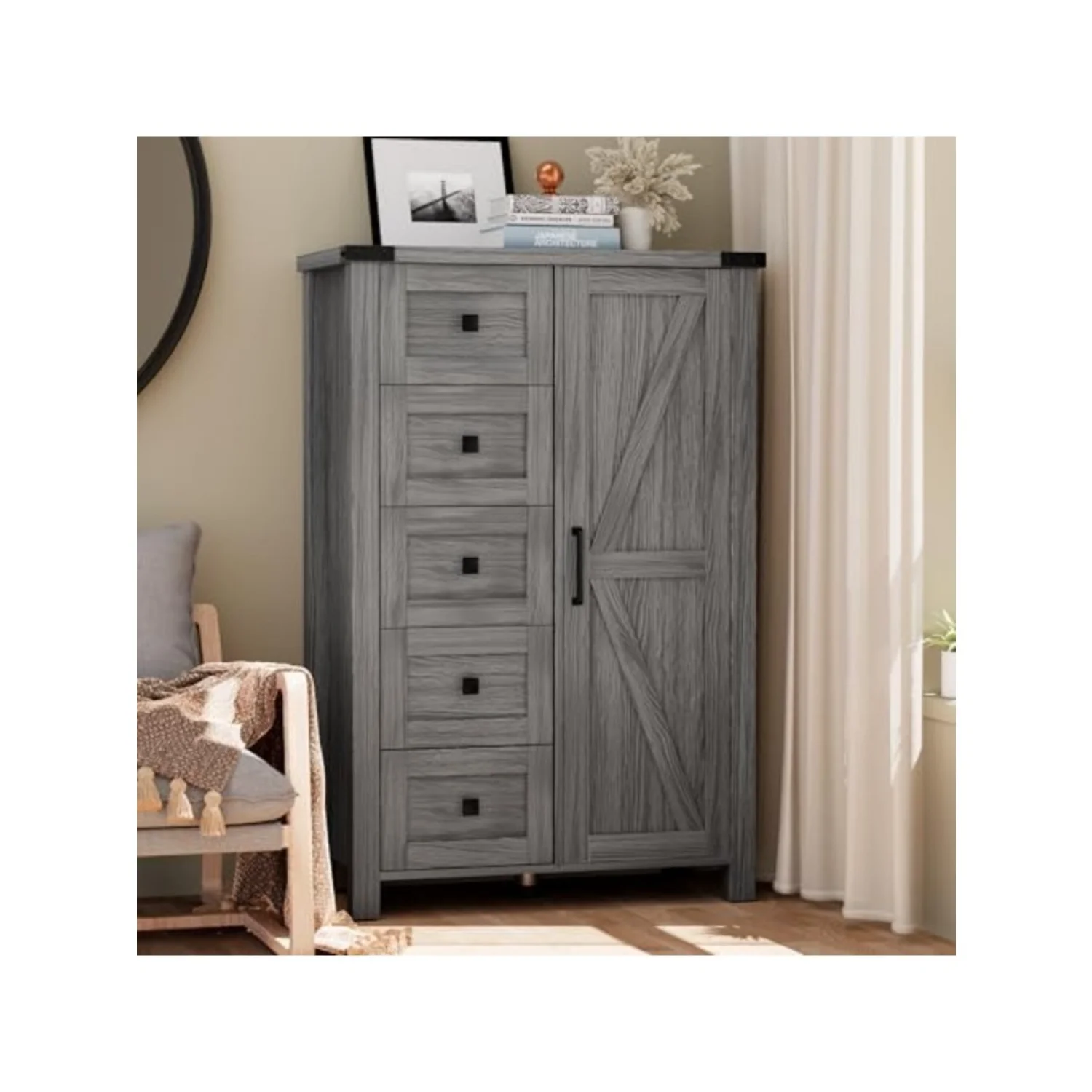 Farmhouse Dresser Storage Cabinet Chest of Drawer for Bedroom, 5 Drawer Dresser with Barn Door, 48 Inch Tall Grey Wood