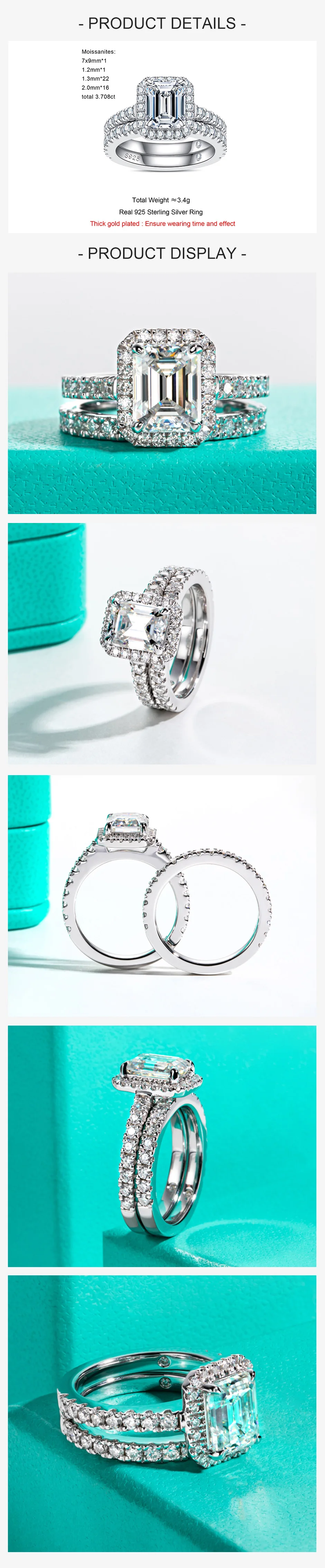 AnuJewel 3ct Smaragdschliff D-Farbe Moissanit Halo Brautring-Set Vintage Ehering Silberringe mit Zertifikat Schmuck für Frauen – Detail 1