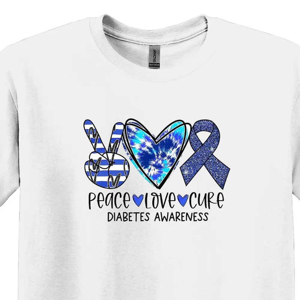 Peace Love Cure Diabetes Awareness T Shirt Type 1 Blue Ribbon Diabetic Outfit For Her