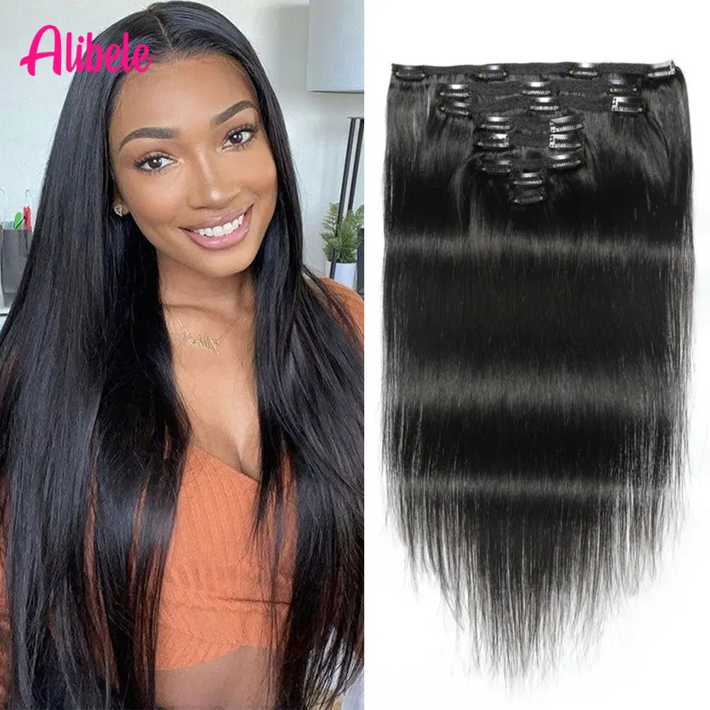 

Alibele прямые клипсы для наращивания волос, человеческие волосы 1B, черные, 8 шт., прямые клипсы для наращивания для женщин, увеличение объема, длина