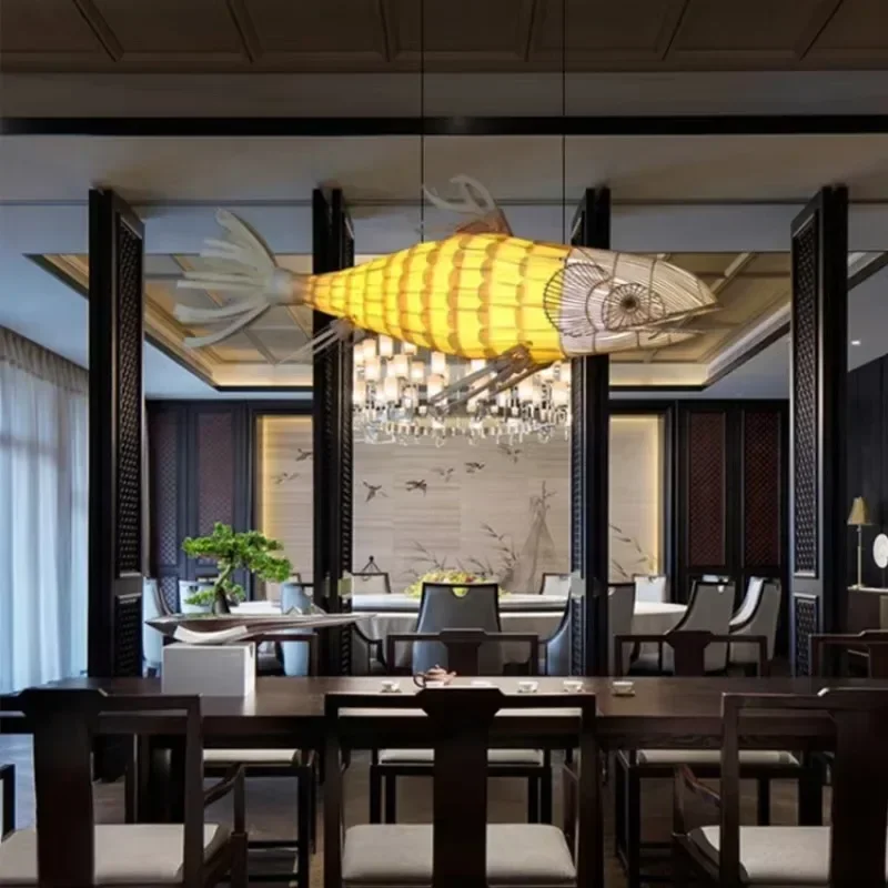 Customized handmade wood weaving fish shape rattan bamboo chandeliers for restaurant hotel pendant light