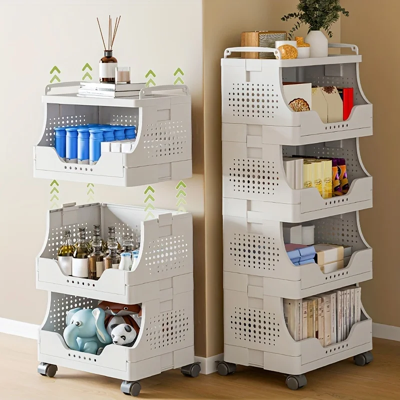 Storage Rack - Stackable Plastic Organizer with Open Front, Space-Saving Kitchen and Laundry Cart