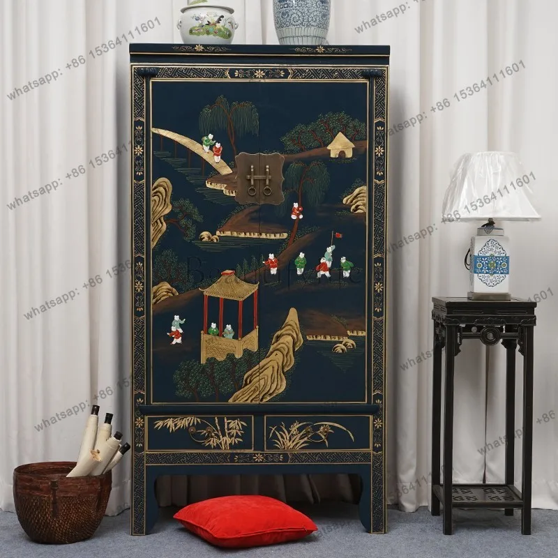 PG new Chinese solid wood wardrobe hand-painted antique large-capacity storage retro high cabinet