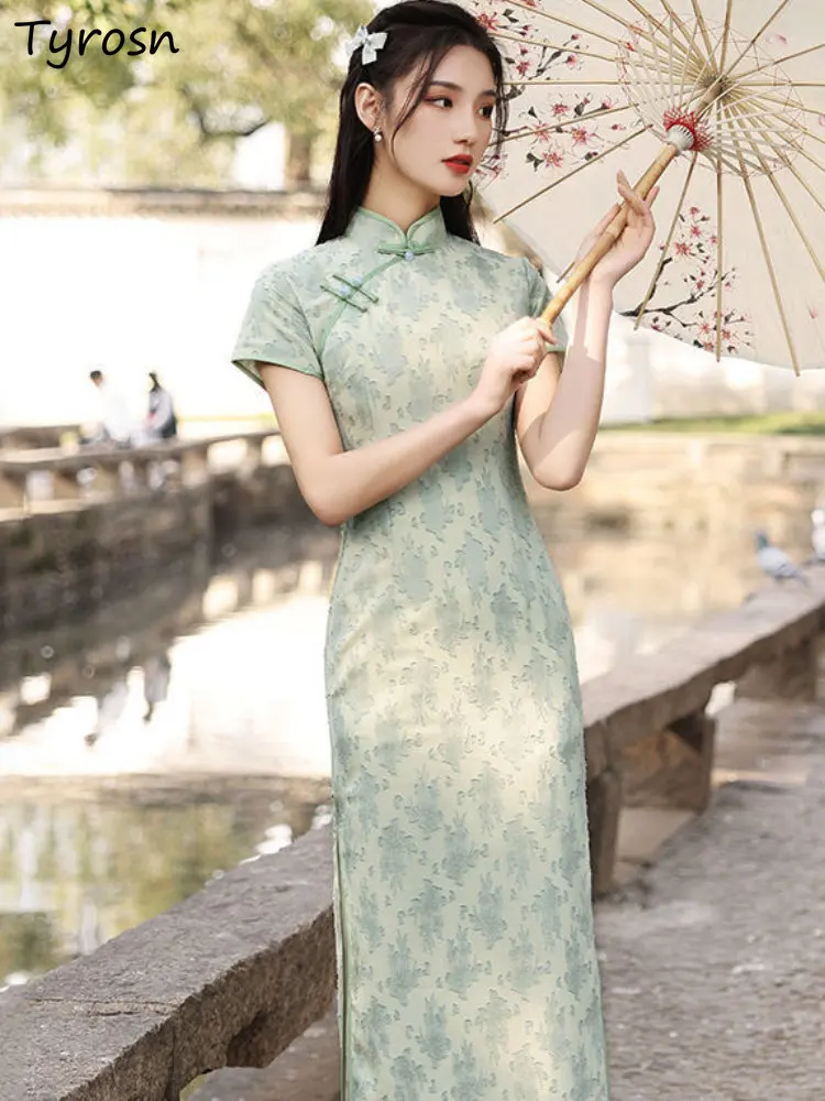 

Dresses Women Elegant Chinese Style Summer Vintage Design Side Slit Chic Sweet Tender Temperament Slim All-match Leisure Ladies