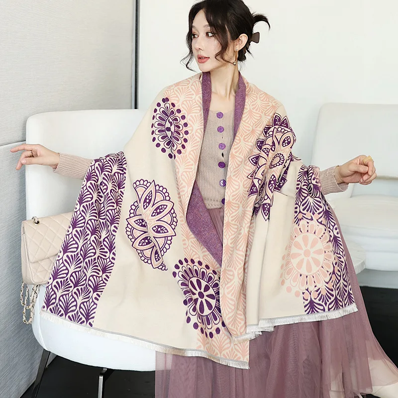 Women's Winter Thickened Double-Sided Scarf Korean Style Floral Print Warm Shoulder Wrap Fashionable Outerwear Photography