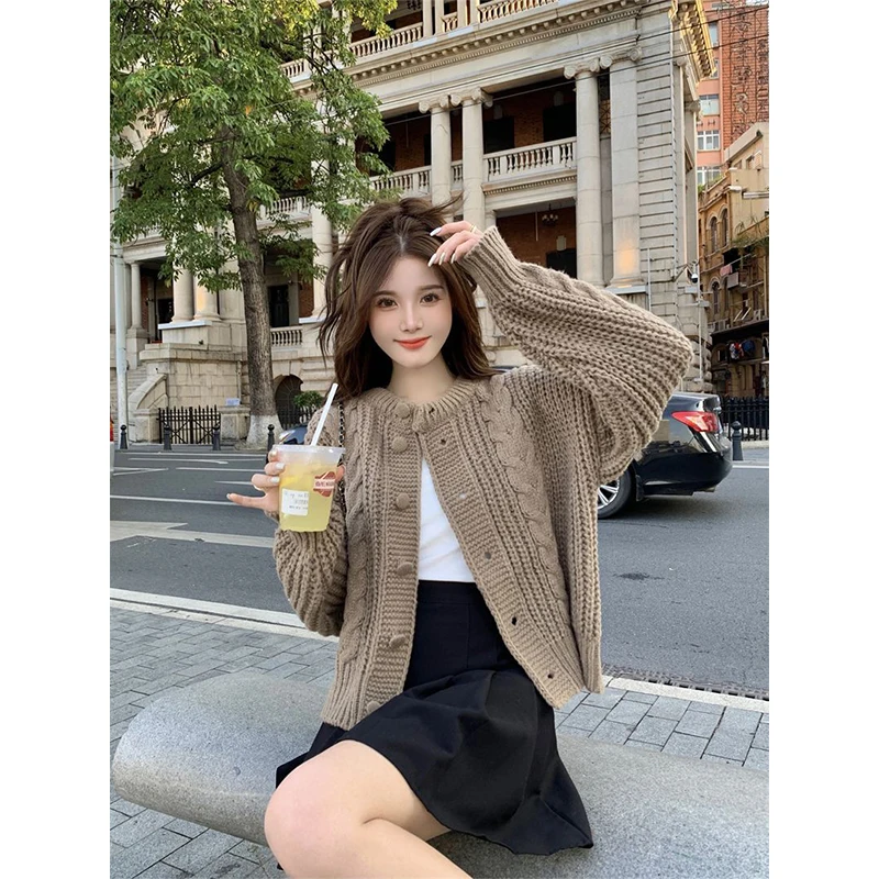 Vintage O-neck Knitting Cardigan Women Autumn Winter Simplicity Loose Solid Color Sweater Coat Sweet All-match Knitwear Tops