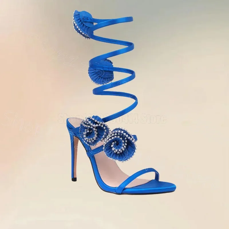 

Blue Crystal Appliques Design Twine Sandals Slip On Women Shoes Thin High Heels Fashion Party Banquet 2025 Zapatos Para Mujere