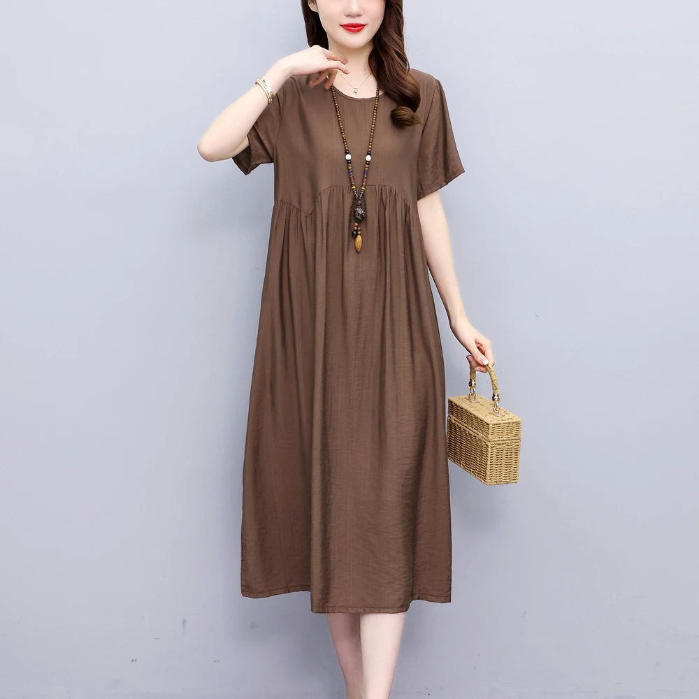 New Casual Fashion Summer Dresses For Women 2023 Vintage Elegant Short Sleeve Solid Women Dress O-Neck Dresses