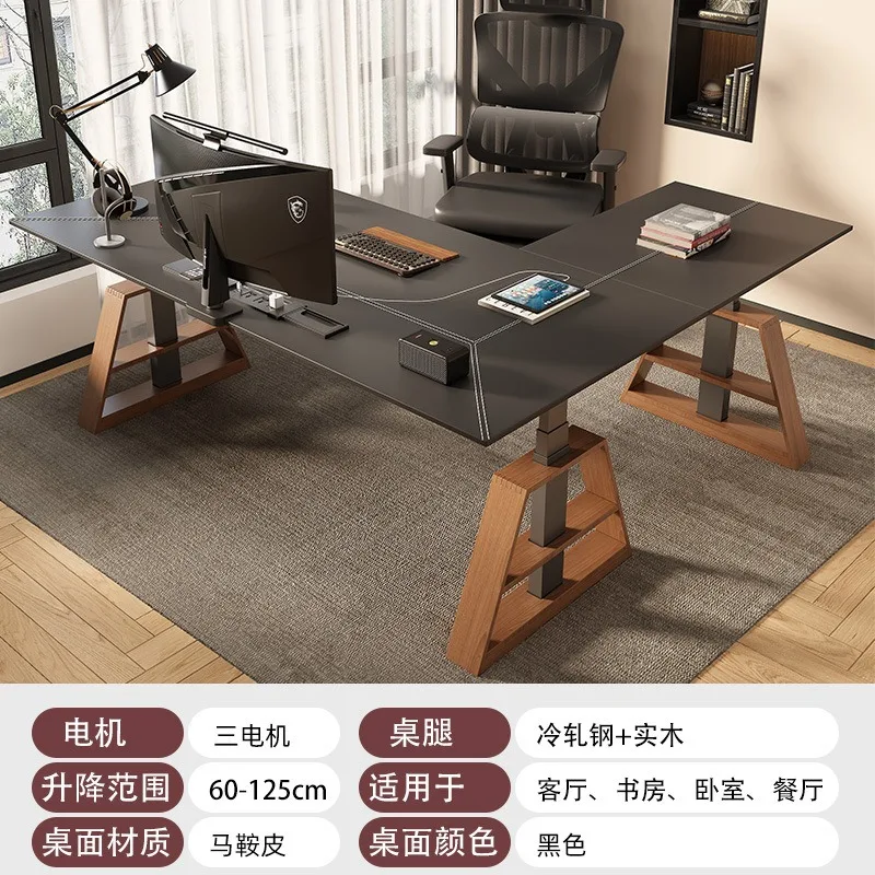 ركن طاولة رفع كهربائية مكتب الكمبيوتر سطح المكتب مكتب L على شكل ركن مكتب جلدي خشب متين رفع ذكي #3