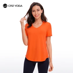 CRZ joga damska Pima bawełna koszule z krótkim rękawem V Neck t-shirty Casual koszulki treningowe ubrania gimnastyczne