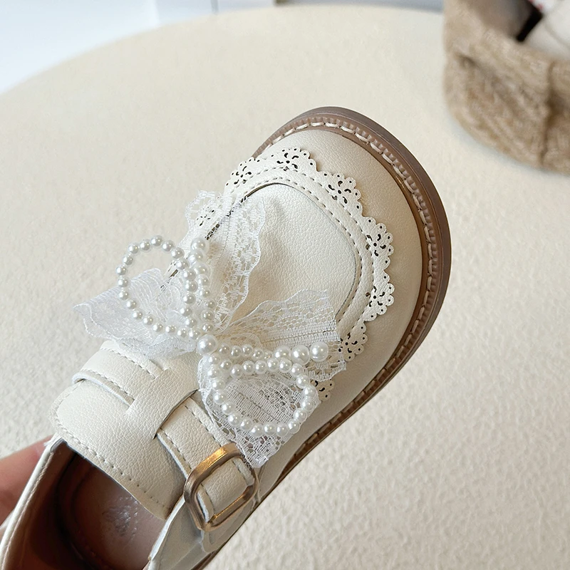 Girls Princess Style Leather Shoes with Beaded Bow 2026 New Spring Toddler School Mary Jane Flats Soft Sole Classic Party Shoes