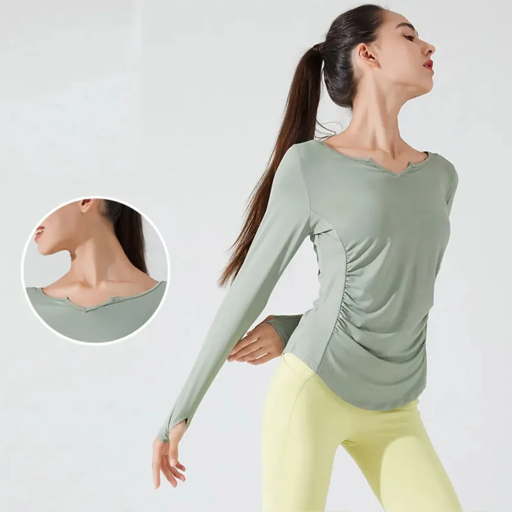 Stown Sportswear Bodybuilding Long Sleeve T Shirt Gym Fitness Women Clothing with Thumb Hole Pleated Slimming Pilates Yoga Top