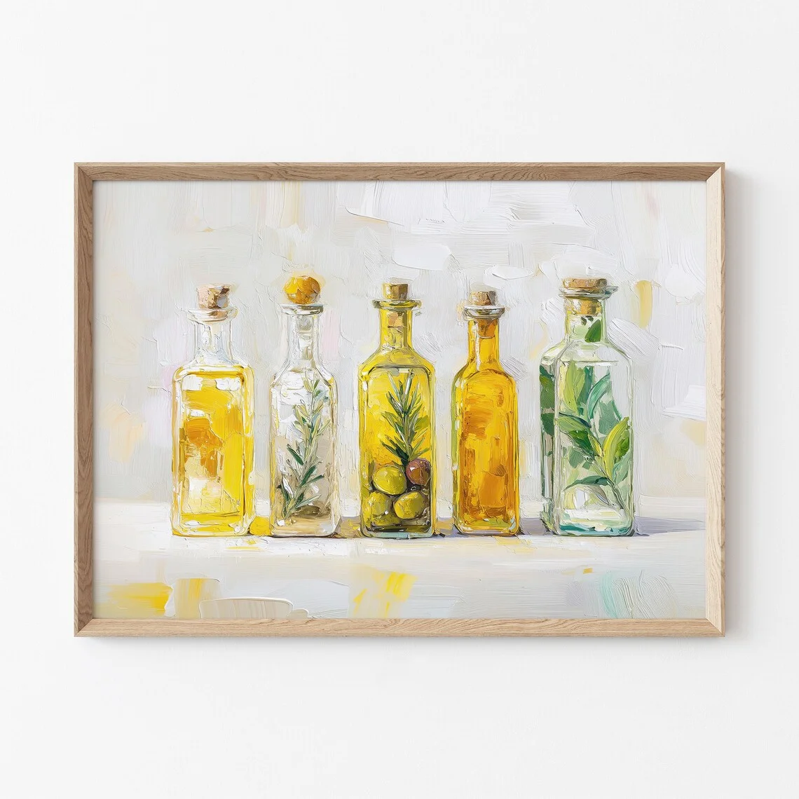 "Infused Olive Oil Bottles Impressionist Wall Print Decor - Textured Kitchen Still Life Art for Dining Room Accent, Kitchen Wall