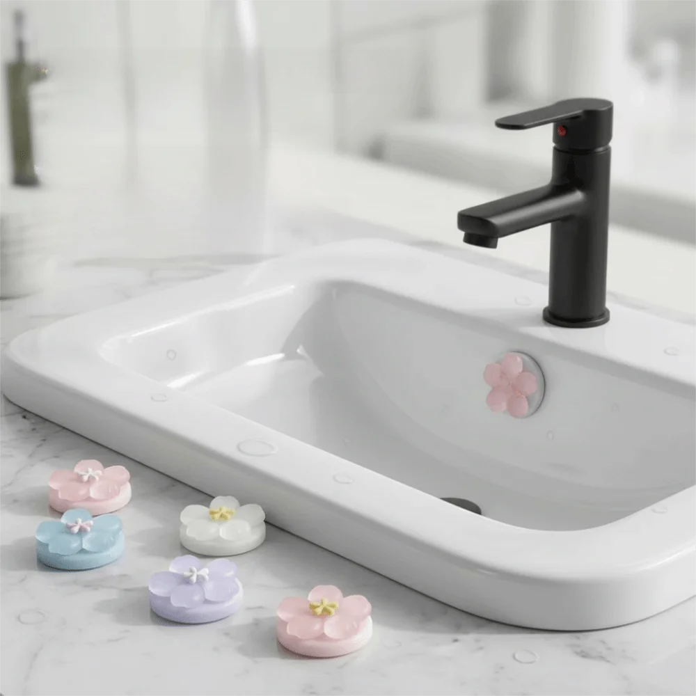

15pcs/box Flower-Shaped Flower Basin Overflow Hole Plug Good Elasticity Soft Silicone Wash Basin Spare Parts Cute Design