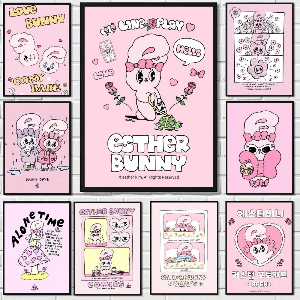 E-Esther Bunny Pink Poster, HD-Kunst, selbstklebende Wanddekoration, wasserfest, für Zuhause, Wohnzimmer, Schlafzimmer, Bar, ästhetische Dekoration