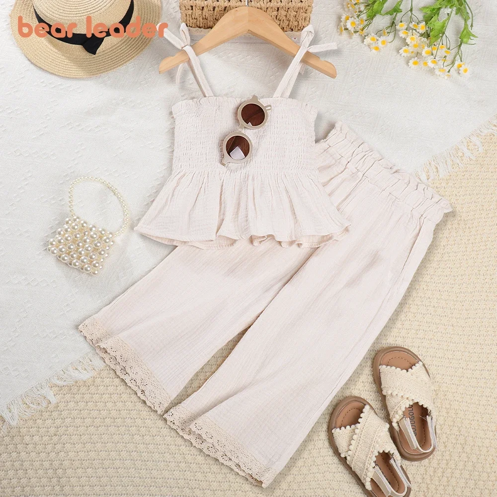 Bär Führer koreanische Kinder Kinder Kleidung Set Mädchen Sommer Bio-Baumwolle Leibchen Top Spitze weites Bein Hosen Hosen Outfits