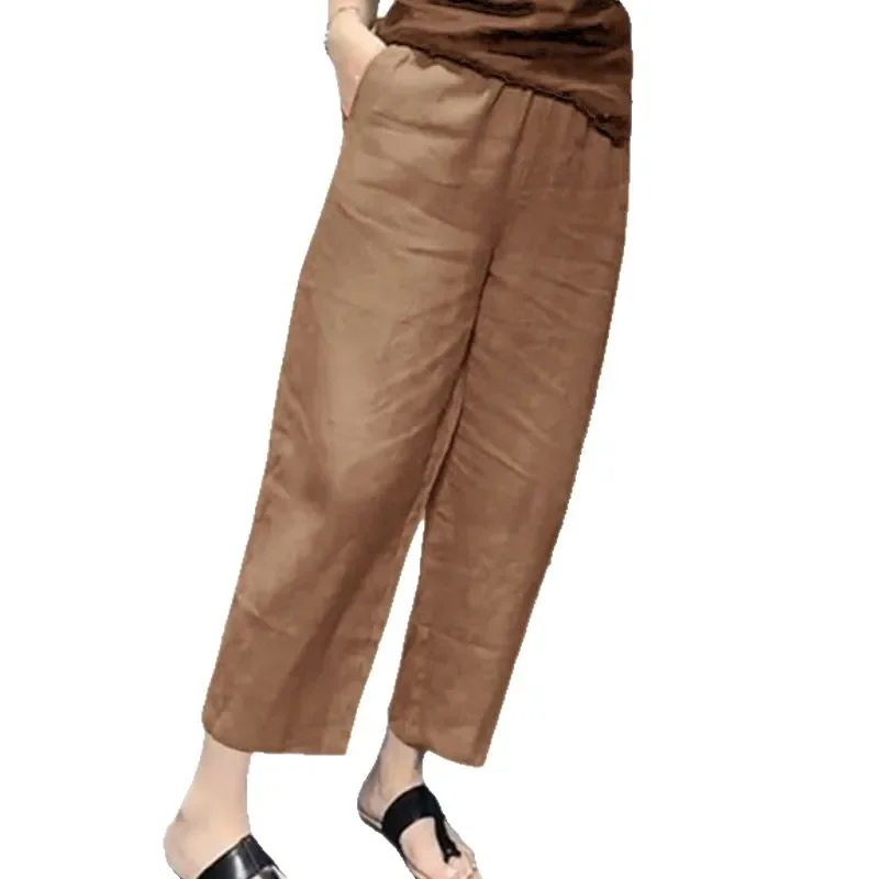 Slim Cotton Linen Women's Pants Elastic Nine Points Summer Loose Casual Artistic High Waist Wide Leg Trousers