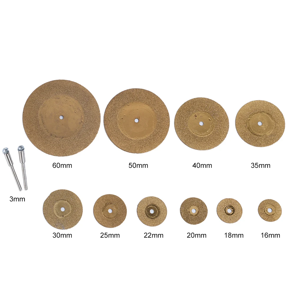 

10pcs Mini Diamond Cutting Disc TiN Coated Circular Saw Blade With 3mm Shank Mandrel For Wood Glass Plastic Metal Rotary Tools