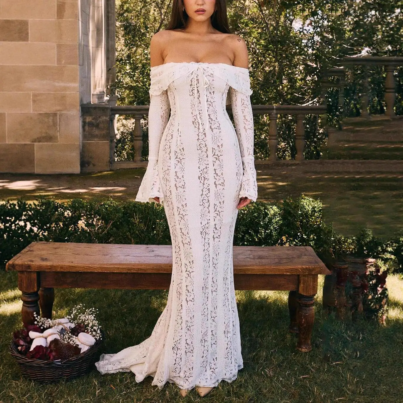 

Sexy Lace One-oulder Long Slim-Fit Fi-Tail Gown High-Waist Bell-Sve Midi Dr Cross-Border Women's Faion CiWalk