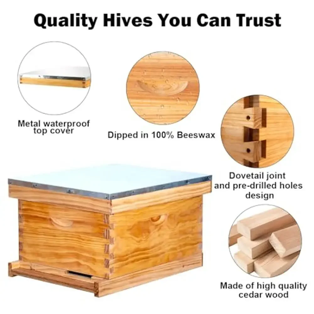 10 Frame Bee Hive Kit Beekeeping Supplies Smoker Jacket Brush J Hook Screened Bottom Board Water Feeder Durable Cedar Pine Easy